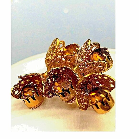 Vintage Schreiner? Ornate Faceted Amber Crystal Floral Gold 1960's Brooch - Picture 5 of 9